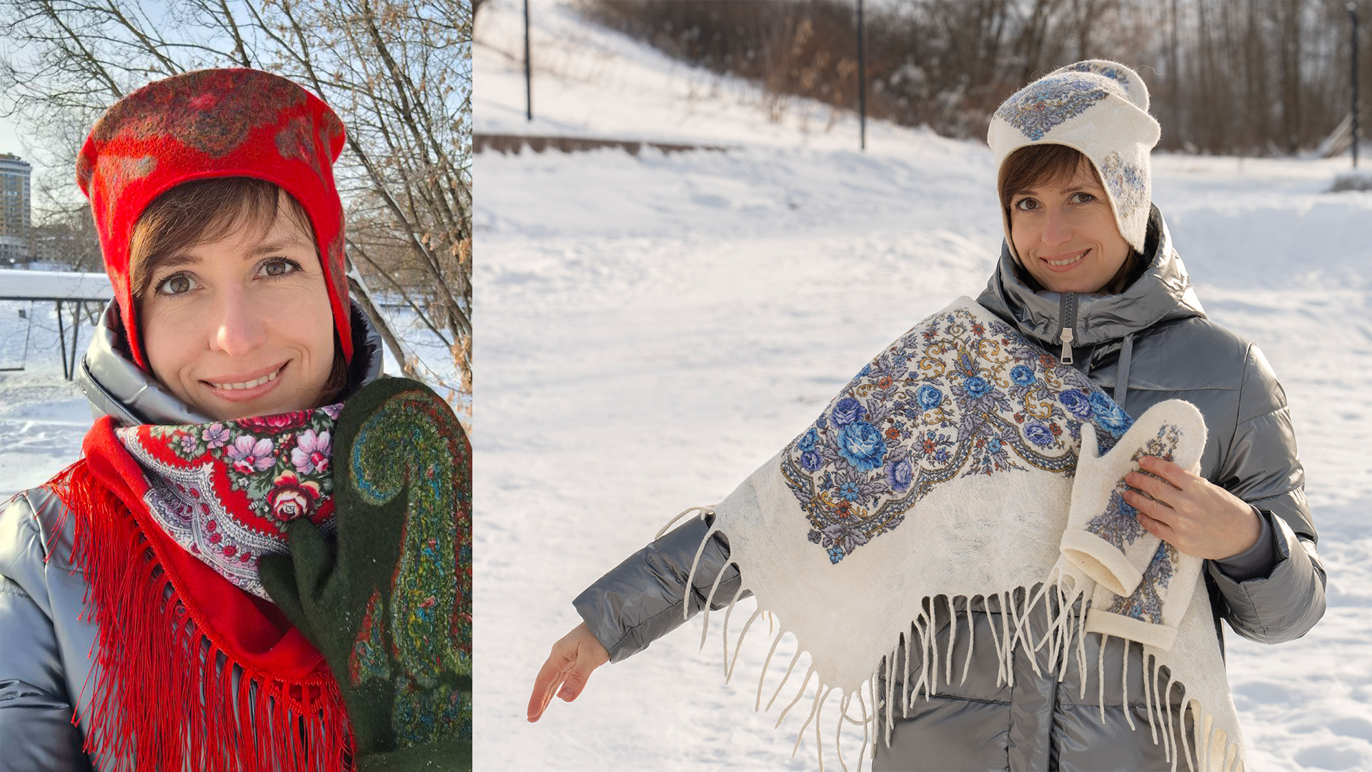 Комплект аксессуаров «Заветные узоры» (косынка, шапка, варежки с павлопосадскими мотивами)